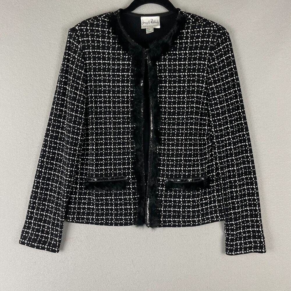 Vintage Joseph Ribkoff Jacket Cardigan Womens 10 Black Faux Fur Metallic Glitter